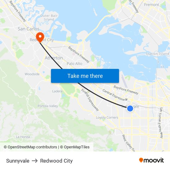 Sunnyvale to Redwood City map