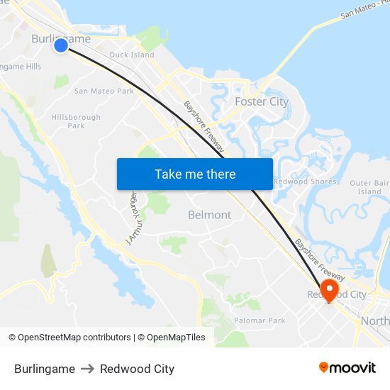 Burlingame to Redwood City map