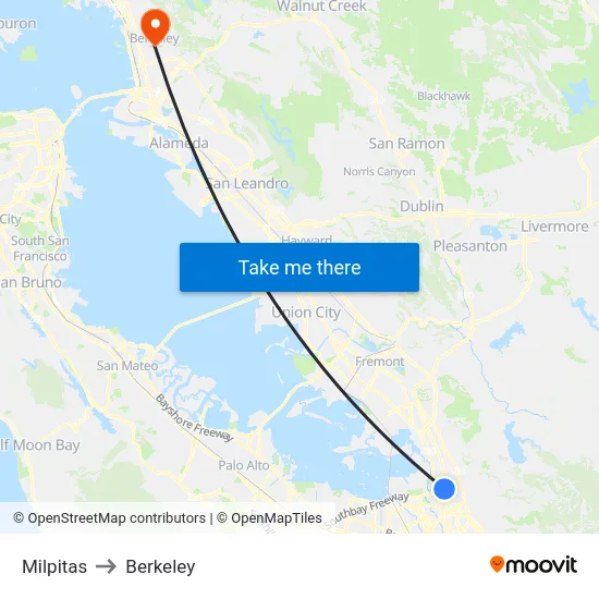 Milpitas to Berkeley map