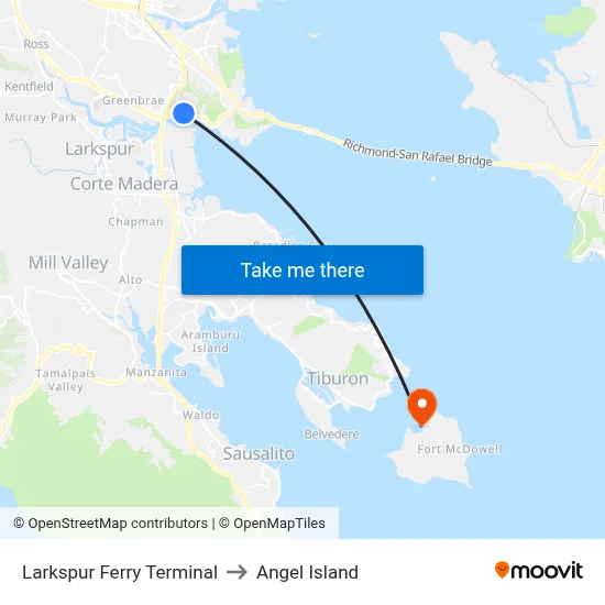 Larkspur Ferry Terminal to Angel Island map