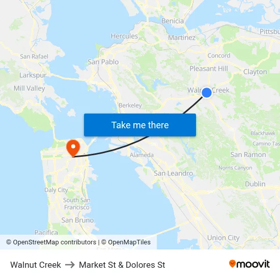 Walnut Creek to Market St & Dolores St map