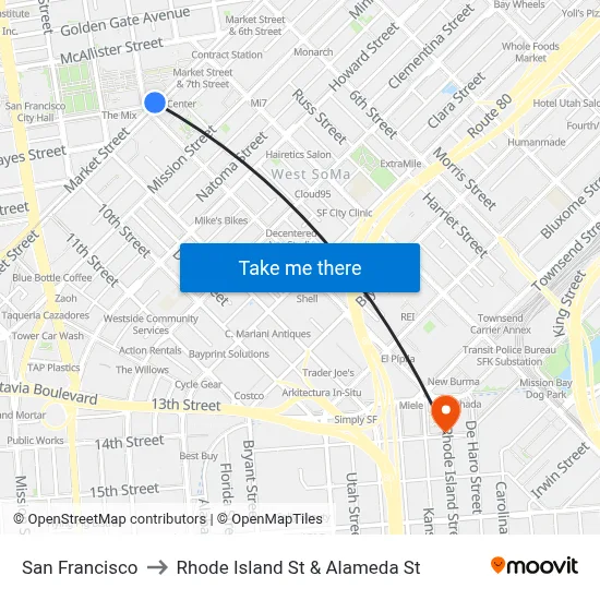 San Francisco to Rhode Island St & Alameda St map
