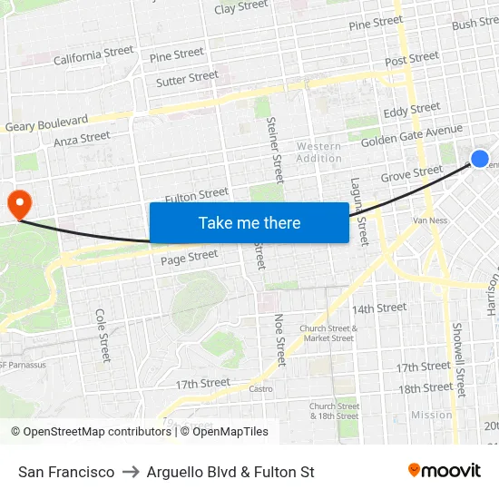 San Francisco to Arguello Blvd & Fulton St map