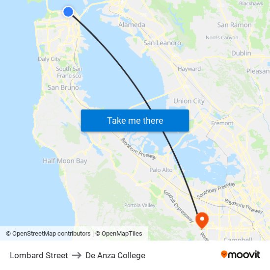 Lombard Street to De Anza College map