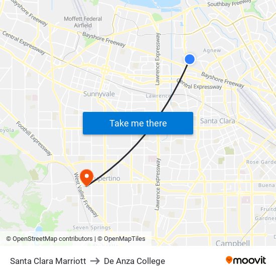 Santa Clara Marriott to De Anza College map