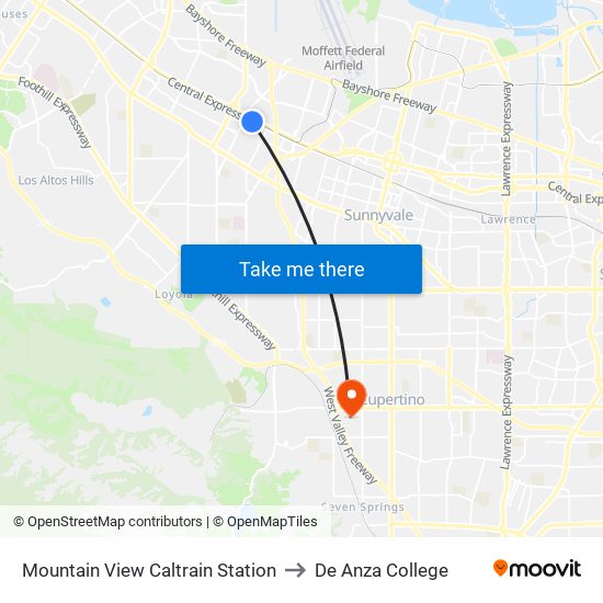 Mountain View Caltrain Station to De Anza College map