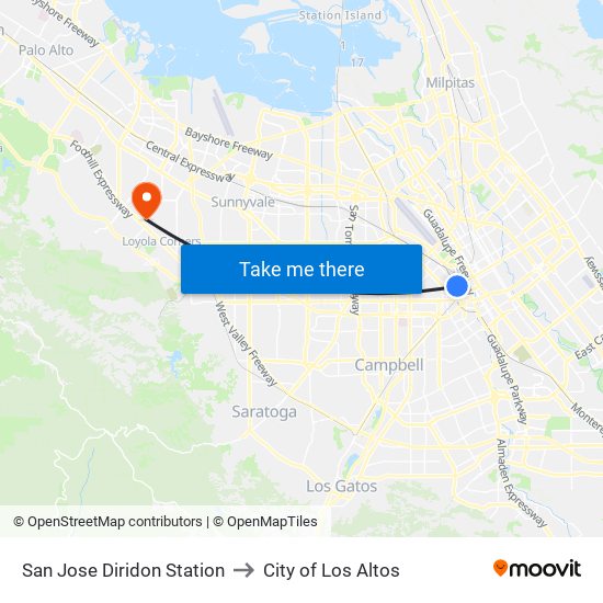 San Jose Diridon Station to City of Los Altos map