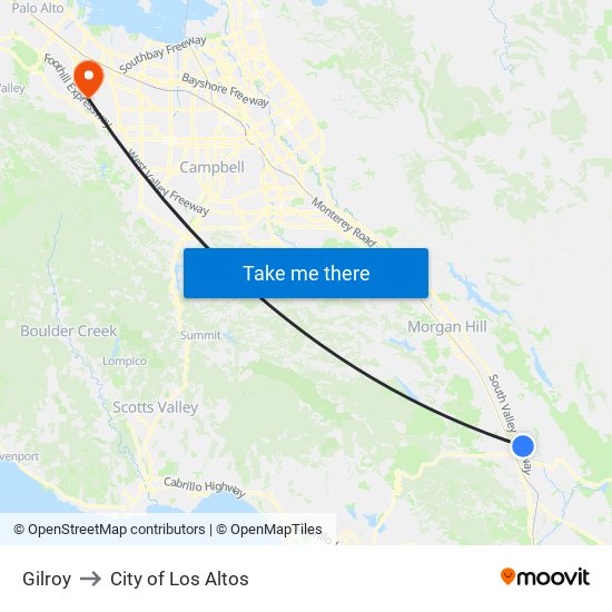 Gilroy to City of Los Altos map