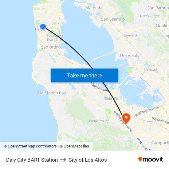 Daly City BART Station to City of Los Altos map
