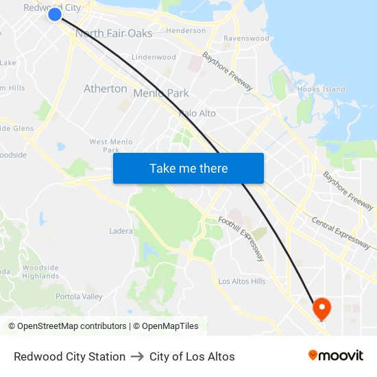 Redwood City Station to City of Los Altos map