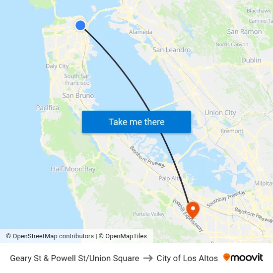 Geary St & Powell St/Union Square to City of Los Altos map