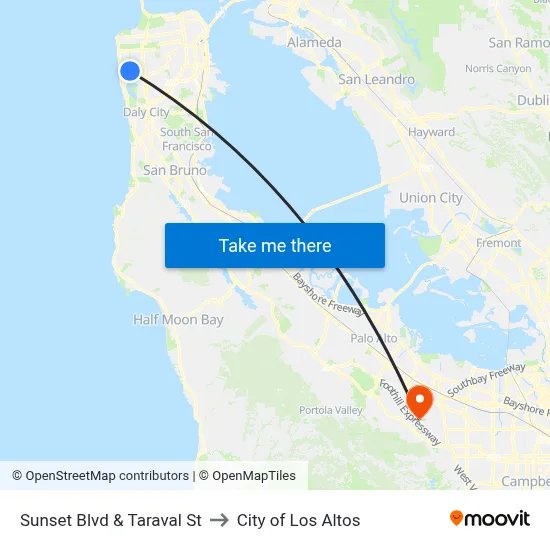 Sunset Blvd & Taraval St to City of Los Altos map