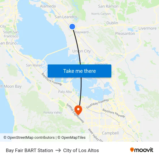 Bay Fair BART Station to City of Los Altos map