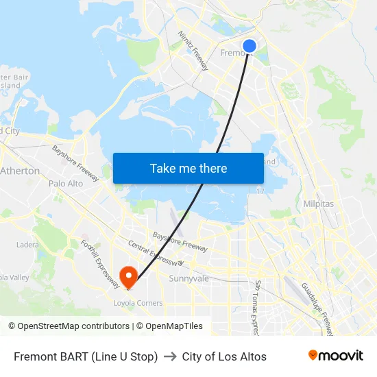 Fremont BART (Line U Stop) to City of Los Altos map