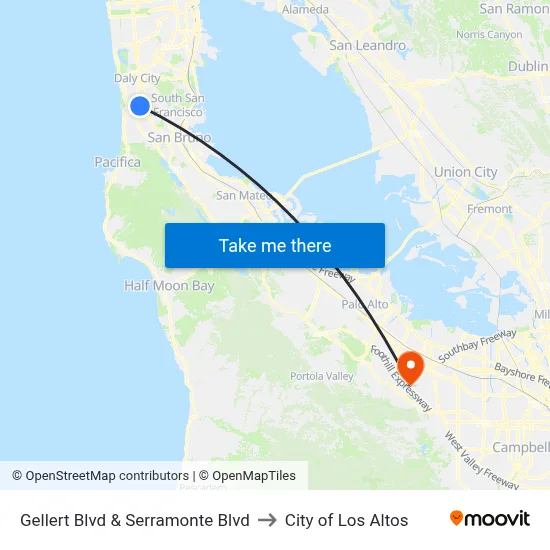 Gellert Blvd & Serramonte Blvd to City of Los Altos map