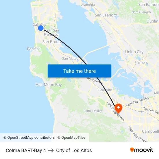 Colma BART-Bay 4 to City of Los Altos map