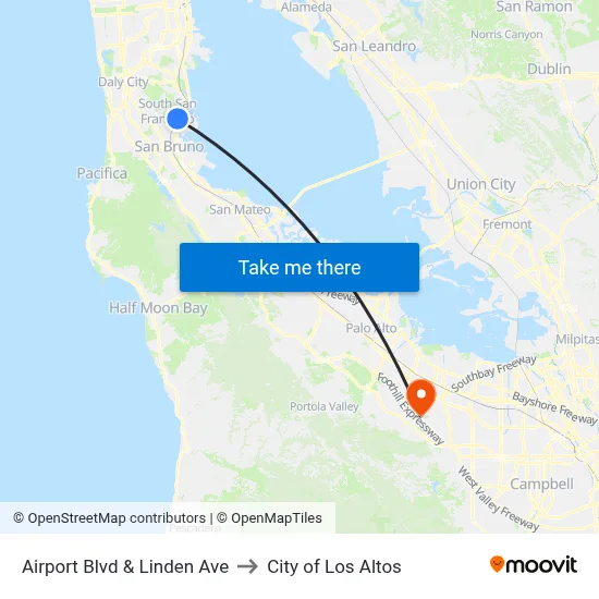 Airport Blvd & Linden Ave to City of Los Altos map