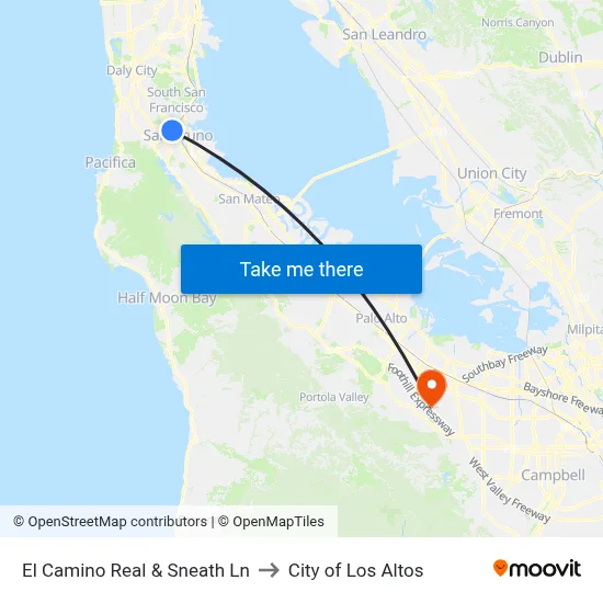 El Camino Real & Sneath Ln to City of Los Altos map