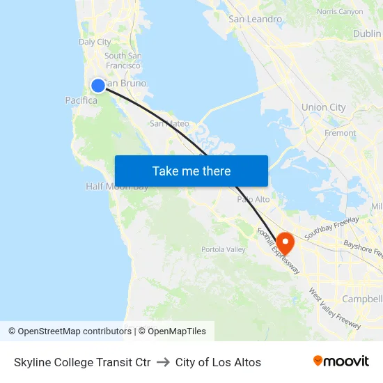Skyline College Transit Ctr to City of Los Altos map