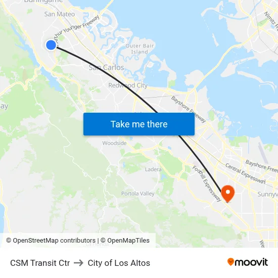 CSM Transit Ctr to City of Los Altos map
