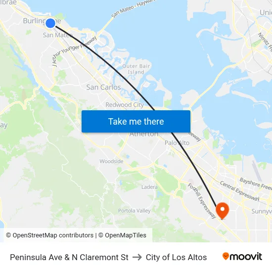Peninsula Ave & N Claremont St to City of Los Altos map