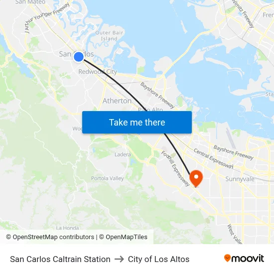 San Carlos Caltrain Station to City of Los Altos map