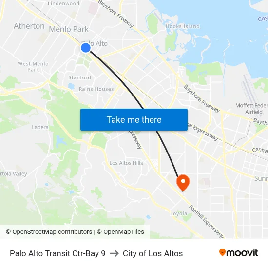 Palo Alto Transit Ctr-Bay 9 to City of Los Altos map