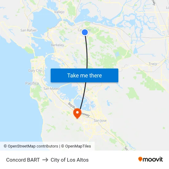 Concord BART to City of Los Altos map