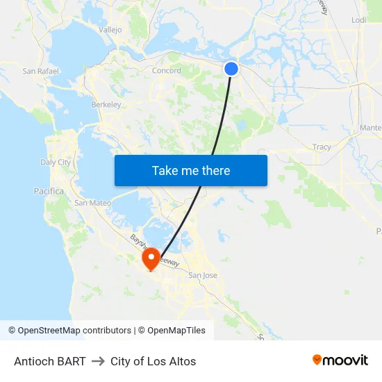Antioch BART to City of Los Altos map