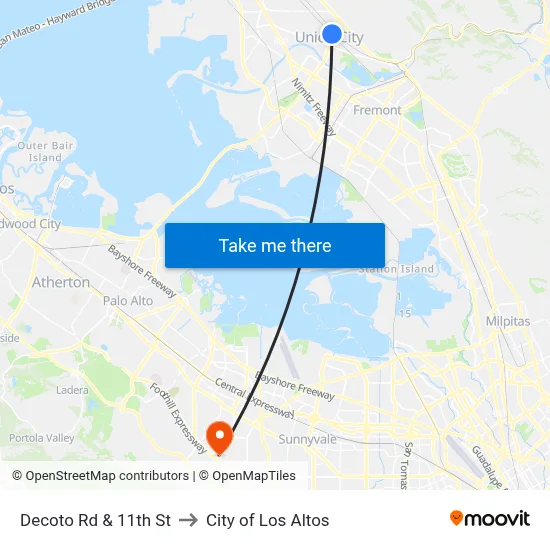 Decoto Rd & 11th St to City of Los Altos map