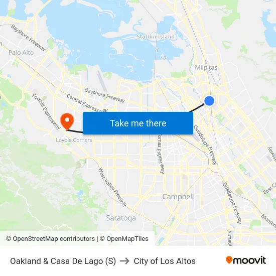 Oakland & Casa De Lago (S) to City of Los Altos map