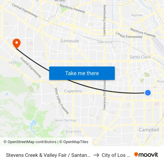 Stevens Creek & Valley Fair / Santana Row (W) to City of Los Altos map
