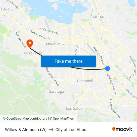 Willow & Almaden (W) to City of Los Altos map