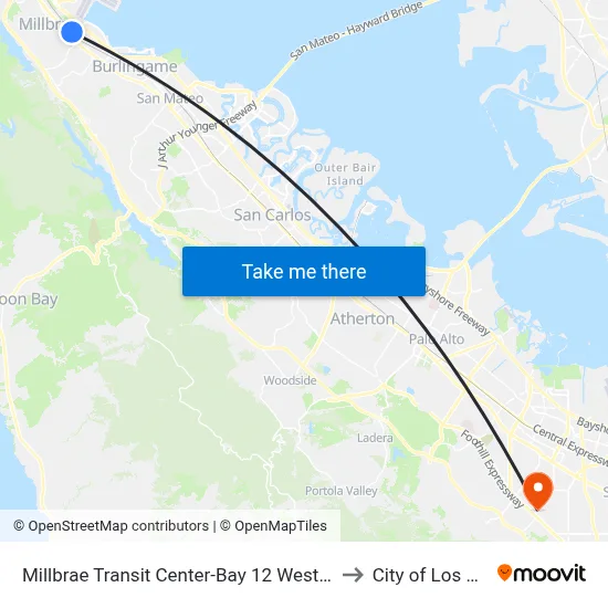 Millbrae Transit Center-Bay 12 West Busway to City of Los Altos map