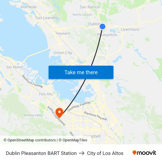 Dublin/Pleasanton BART Station to City of Los Altos map