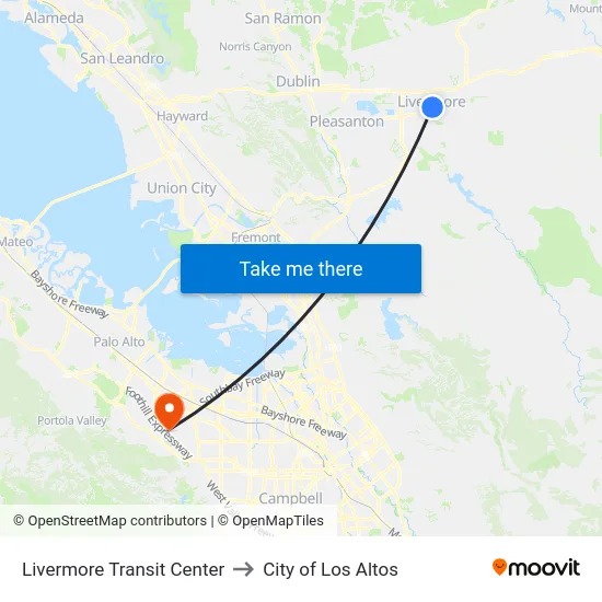 Livermore Transit Center to City of Los Altos map