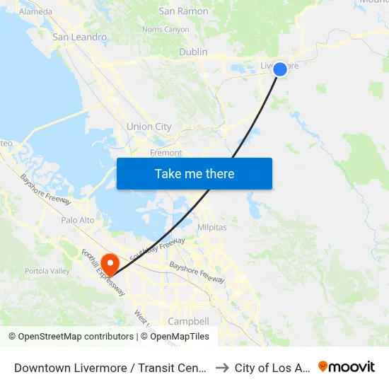 Downtown Livermore / Transit Center WB to City of Los Altos map