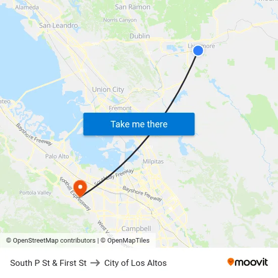 South P St & First St to City of Los Altos map