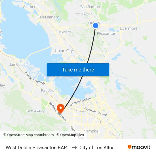 West Dublin/Pleasanton BART to City of Los Altos map
