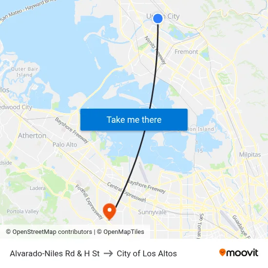Alvarado-Niles Rd & H St to City of Los Altos map