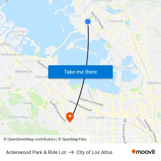 Ardenwood Park & Ride Lot to City of Los Altos map