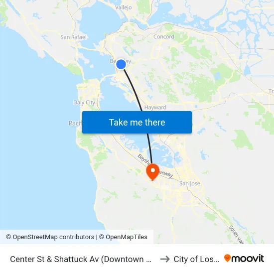 Center St & Shattuck Av (Downtown Berkeley BART) to City of Los Altos map