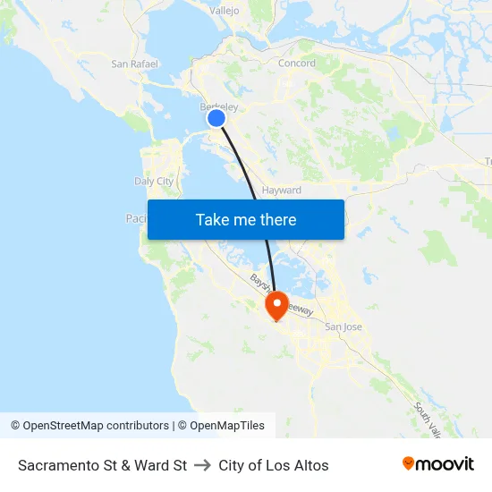 Sacramento St & Ward St to City of Los Altos map