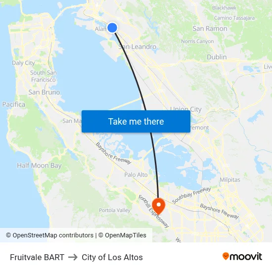 Fruitvale BART to City of Los Altos map