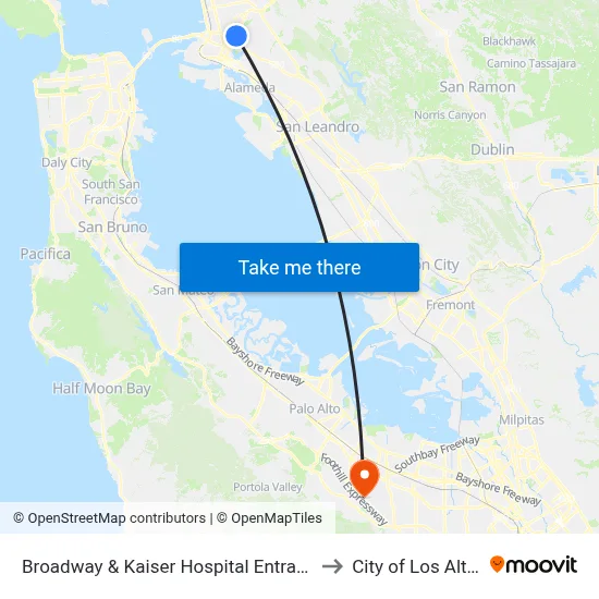 Broadway & Kaiser Hospital Entrance to City of Los Altos map