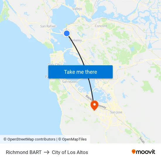 Richmond BART to City of Los Altos map
