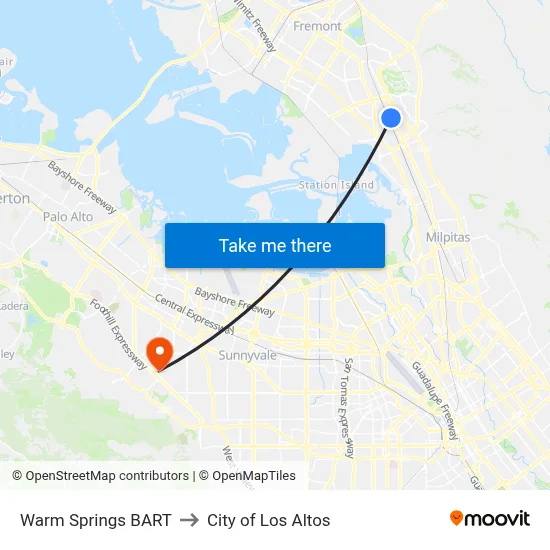 Warm Springs BART to City of Los Altos map