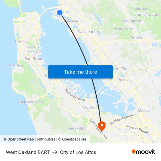 West Oakland BART to City of Los Altos map