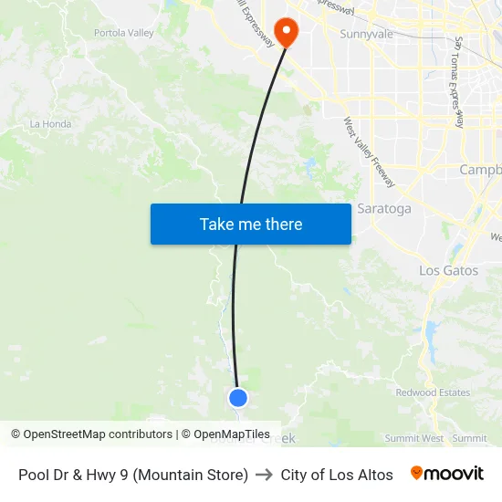 Pool Dr & Hwy 9 (Mountain Store) to City of Los Altos map