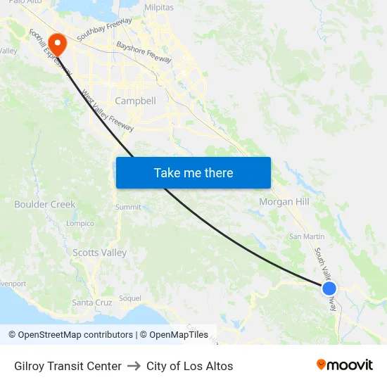 Gilroy Transit Center to City of Los Altos map